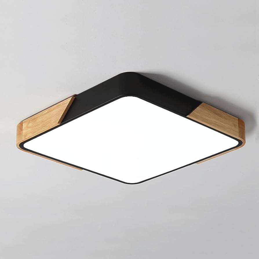 Modern Square LED Flush Mount Ceiling Light with Wood Trim - Dimmable