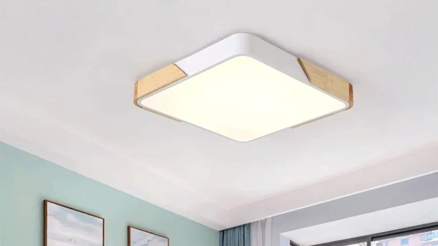 Modern Square LED Flush Mount Ceiling Light with Wood Trim - Dimmable