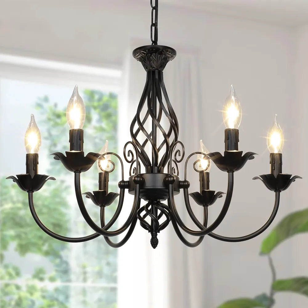 6-Light Farmhouse Chandelier: Rustic Black Candle Pendant Light Fixture