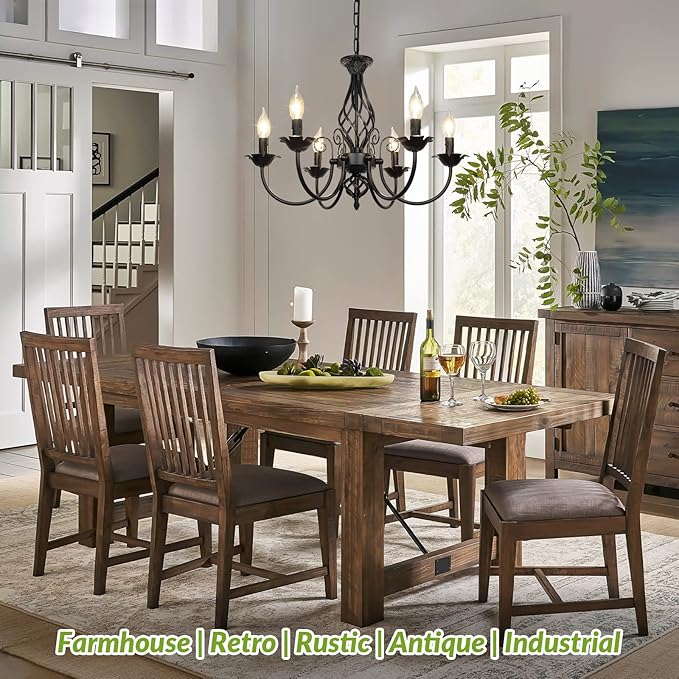 6-Light Farmhouse Chandelier: Rustic Black Candle Pendant Light Fixture